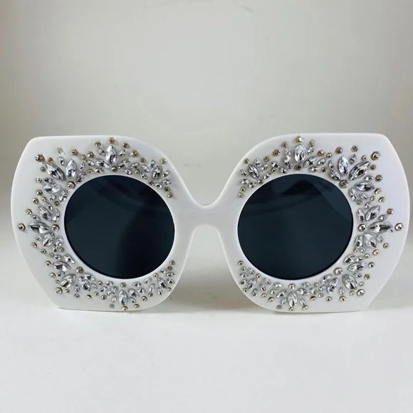 Giant Glam Girl White Rhinestone Encrusted Oversized Sunglasses - Picture 4 of 6